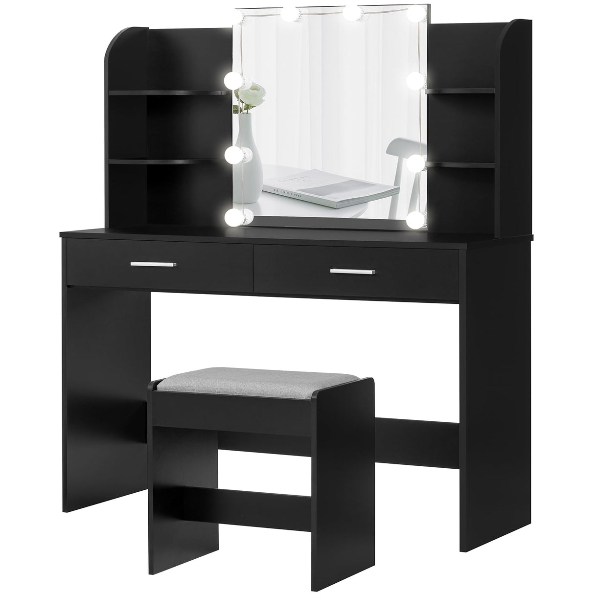 usikey Makeup Vanity with Mirror and 10 LED Lights, Vanity Makeup Table Set with 2 Drawers and Open Shelves, Makeup Vanity Desk Dressing Table with Cushioned Stool, Black usikey