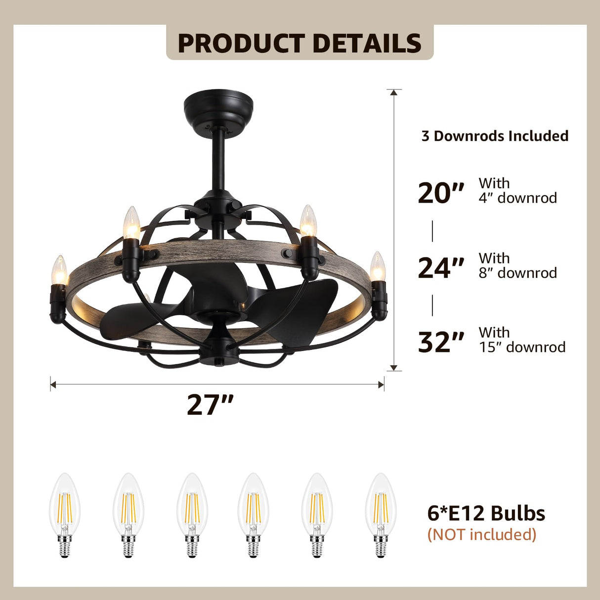 MOOONICHE 27'' Farmhouse Cage Ceiling Fan with Light Remote Control, Ash Brown Rustic Ceiling Fan with Lights,Vintage Chandelier Fan for Kitchen Dining Room Living Room MOOONICHE