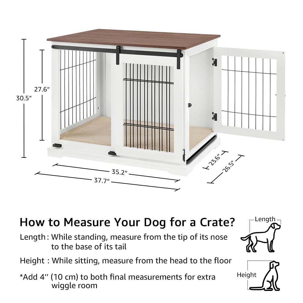 beeNbkks Dog Crate Furniture with Sliding Barn Door, Stylish Double Doors Wooden Kennel with Tray and Cushion, Decorative Indoor Pet House Side End Table for Medium Large Dogs beeNbkks