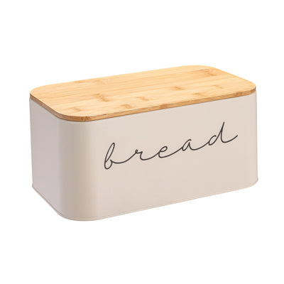 Bloomingville Metal Bin with Bamboo Lid, Cream Bread Box, 11.75" L x 5.25" W x 7" H