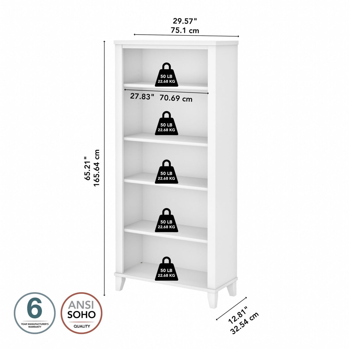 Bush Furniture Somerset 5 Shelf Bookcase in White, Tall Bookshelf, Large Book Shelf for Living Room, Home Office, or Entryway Bush Furniture