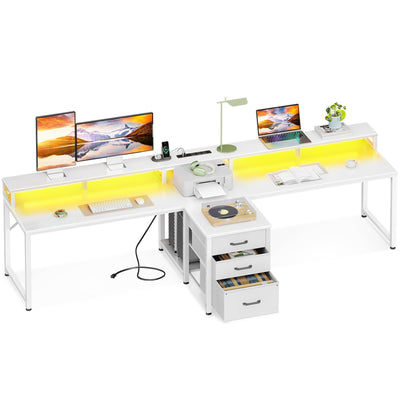 Coleshome 94" Computer Desk with Fabric Drawers & File Cabinet- 2 Person Home Office Desks with Power Outlet & LED Light, Long Writing Desk with Monitor Stand, Storage Shelves, Study/Work Table, White