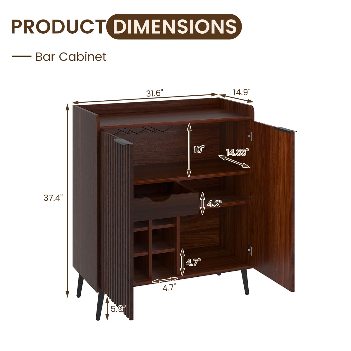 COCO DESIGN Modern Wine Bar Cabinet with Fluted Door, Glass Holder & Drawers, Farmhouse Coffee Cabinet with Removable Wine Rack & Adjustable Shelf, Exquisite Liquor Cabinet for Living Room, Walnut COCO DESIGN