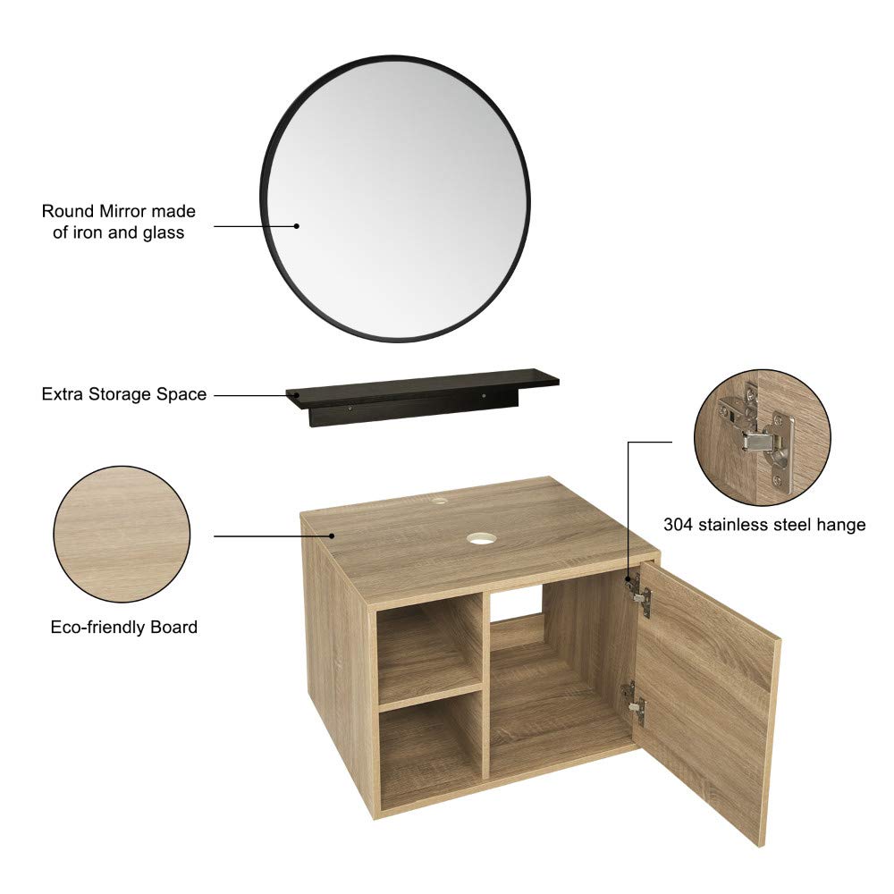 YOURLITE 24" Floating Bathroom Vanity with Sink, Wall-Mounted Bathroom Vanity and Sink Combo with Mirror and Faucet & Pop Up Drain Set,Brown Bowl Glass Sink YOURLITE