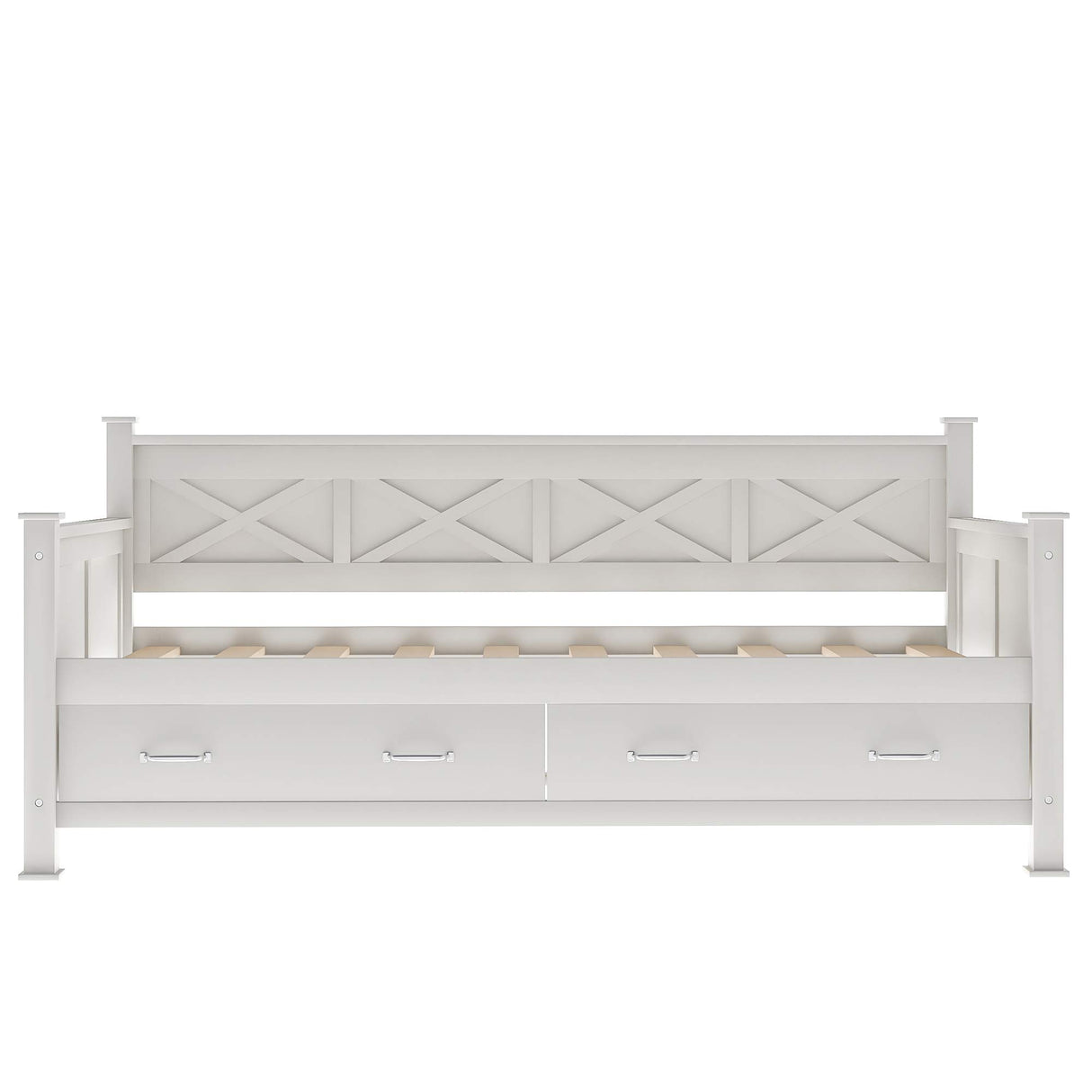 Twin Size Farmhouse Wood Daybed with 2 Storage Drawers, X-Shaped Sturdy Modern and Rustic Casual Style Corner Bed Day Bed Frame with Drawers for Bedroom, No Box Spring Required (Cream White+Twin) THINK 30