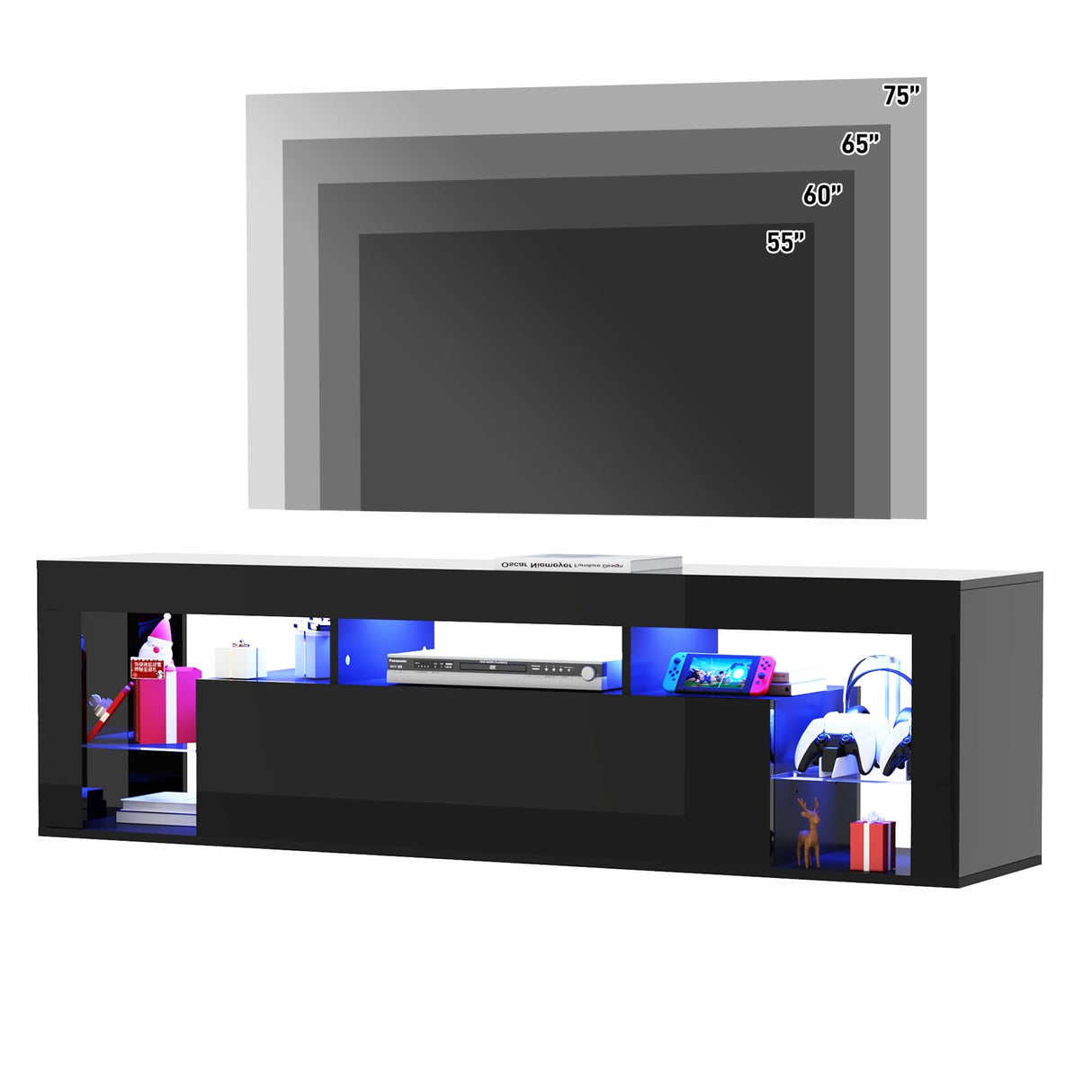 chartustriable 63" Floating High Gloss LED TV Stand for 75" TVs, Wall-Mounted Entertainment Center, Modern Media Console with Open Adjustable Glass Shelf and Hidden Storage Cabinet, Black chartustriable