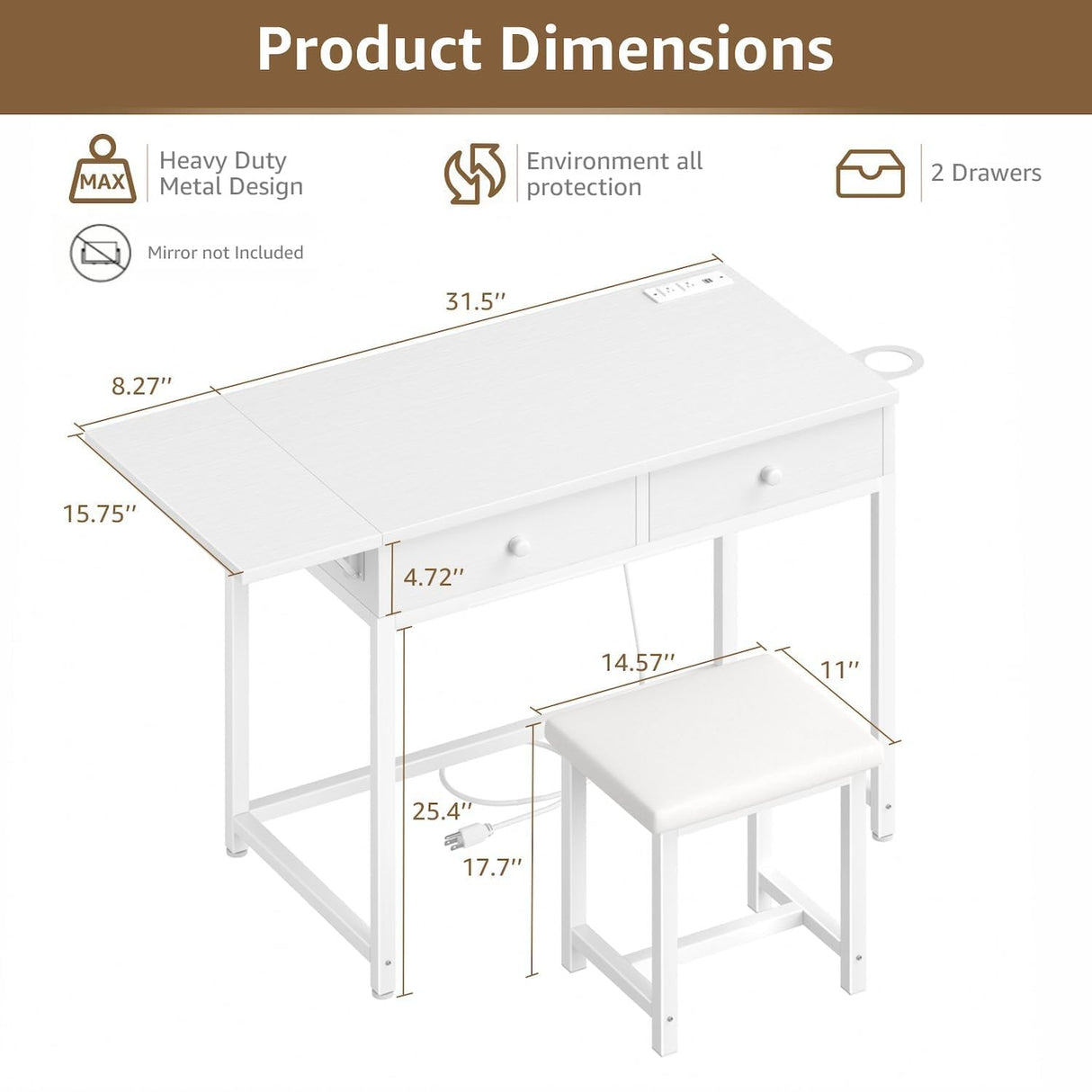 KAI-ROAD Small Makeup Vanity Desk No Mirror White Vanitys Table Set with Wood Drawers and Chair Stool, Outlets & Foldable Countertop for Bedroom Schminktisch Modern KAI-ROAD