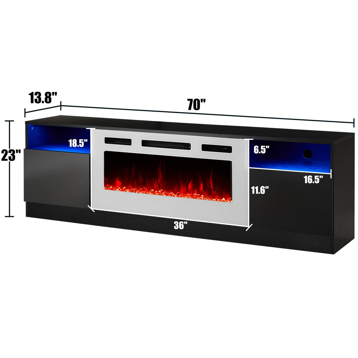 AMERLIFE Fireplace TV Stand with 36" Electric Fireplace, LED Light Entertainment Center, Modern Wood Texture Entertainment Stand with Highlight Storage Cabinet for TVs Up to 80", 70", Black & White AMERLIFE