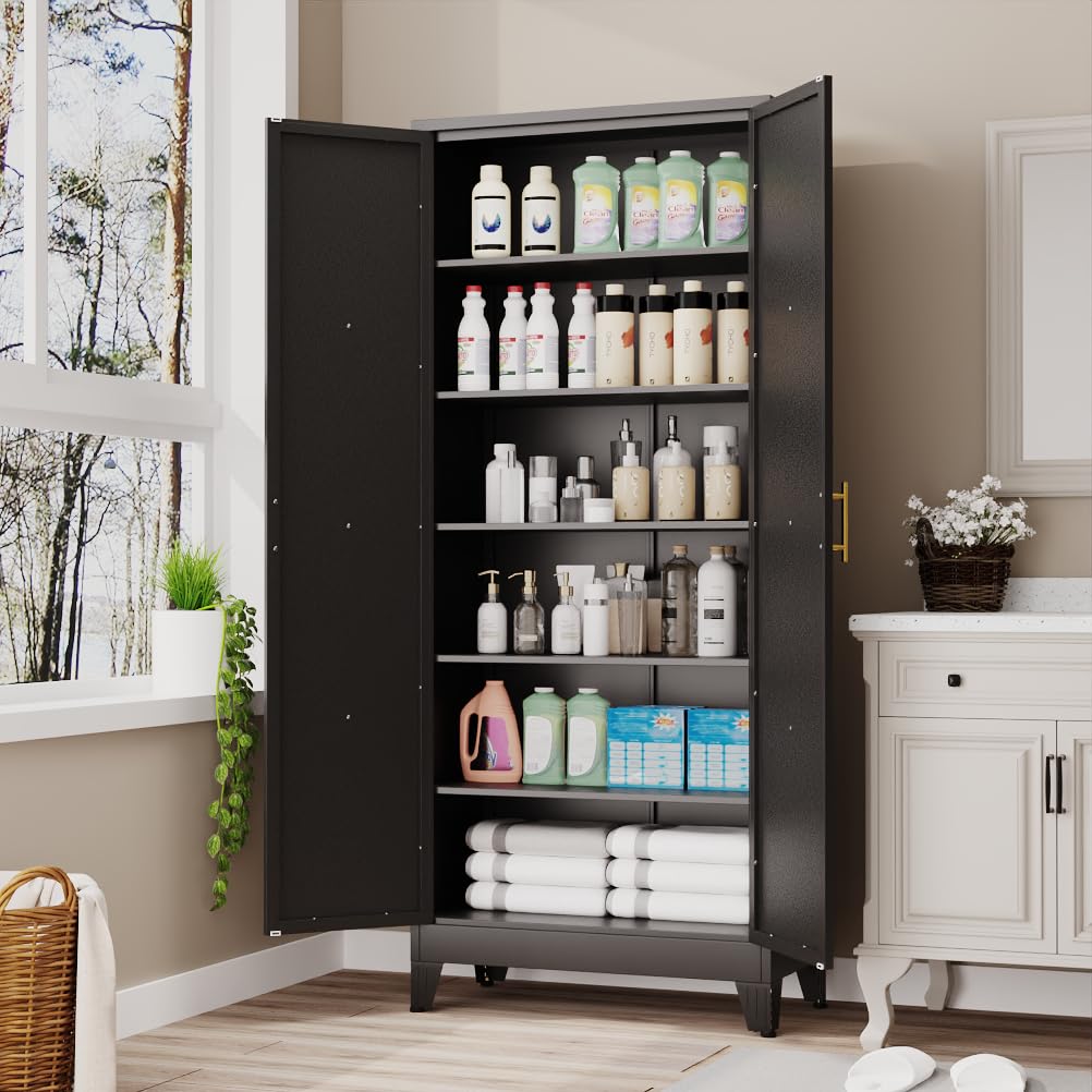 Lusiwry 75" Tall Metal Kitchen Pantry Storage Cabinet, Freestanding Cupboard with 2 Doors and 5 Adjustable Shelves, Standing Storage for Kitchen, Bathroom, Garage, Dinning Room or Utility Room(Black) Lusiwry