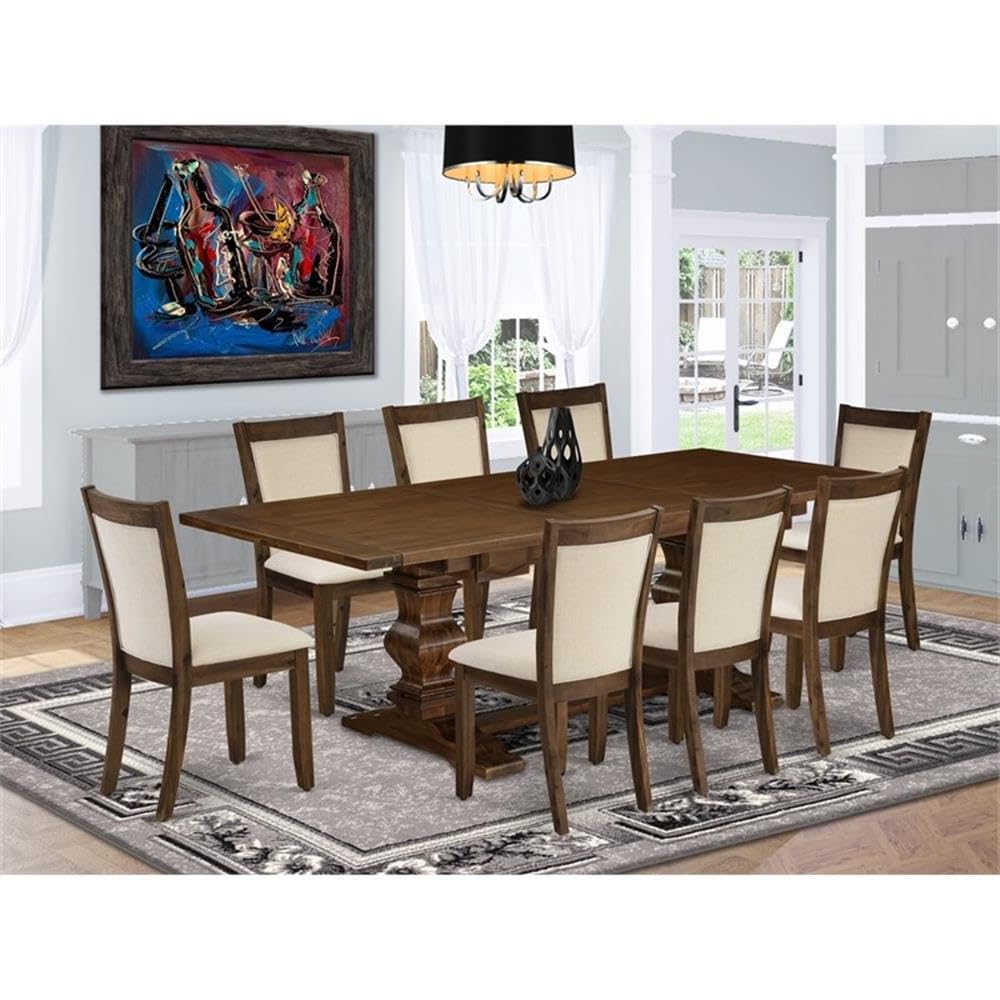 East West Furniture LAMZ9-N8-32 9 Piece Dining Table Set Includes a Rectangle Wooden Table with Removable Leaf and 8 Light Beige Linen Fabric Upholstered Chairs, 42x92 Inch, Walnut East West Furniture
