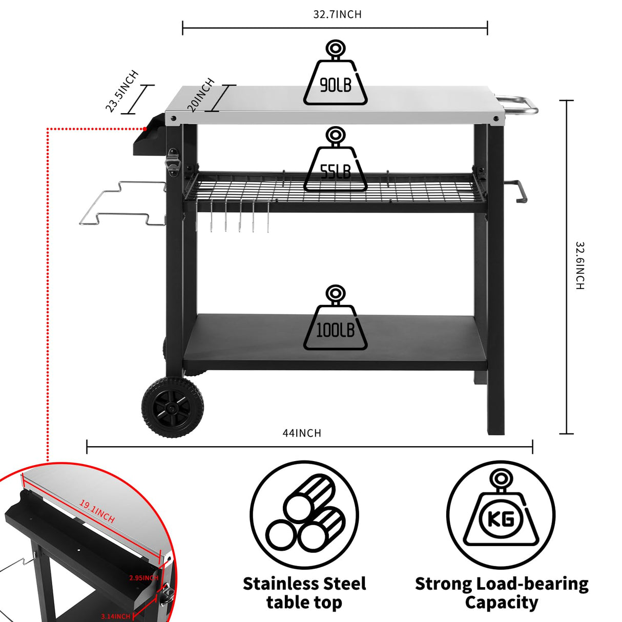 DNKMOR Dining Cart Table with Three Shelf, Movable Outdoor BBQ Grill Table Pizza Oven Stand with Three Hooks, Kitchen Cart Island Multifunctional Food Prep Table for Inside and Outside (Sliver) DNKMOR