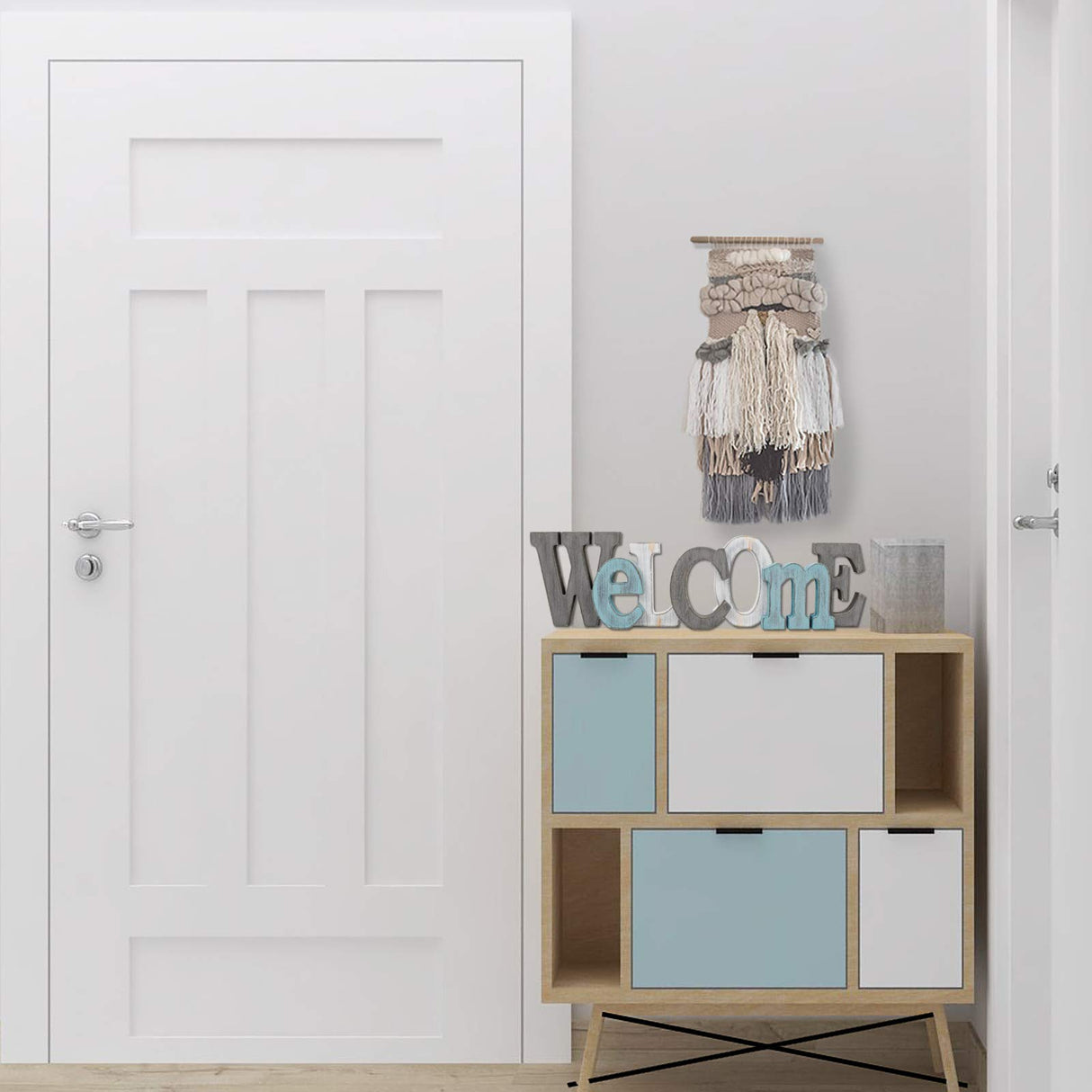 Rustic Wooden Teal Home Sign Decorative Cutout Letters Freestanding Block Word Sign Hanging Ornament Table Shelf Decor (Welcome) E-view