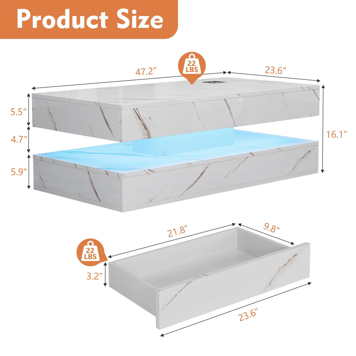 Buenhomino 47" Modern LED Coffee Table with 2 Drawers, High Glossy Double-Layer Center Table with Wireless Charging and Built-in Bluetooth Speaker Smart Table for Living Room with Marbling White Buenhomino