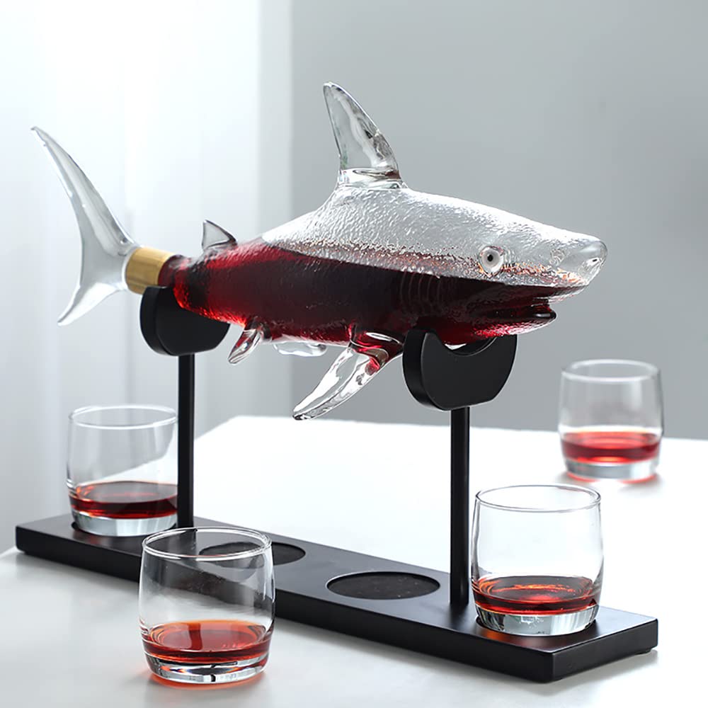 NF Whiskey Decanter Set with 4 Glasses & Wood Stand,1000ml Shark Decanter Glass Liquor Decanter For Whiskey, Scotch, Bourbon Vodka,Gift For Wine Lovers, M NF