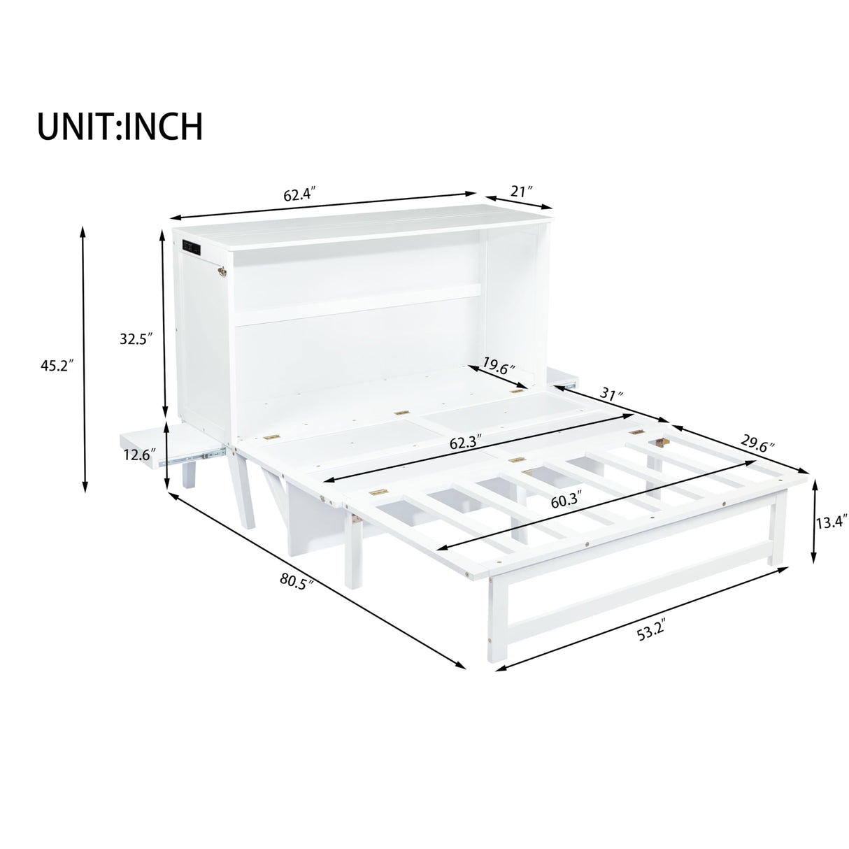 PVWIIK Queen Murphy Bed with Desk and Removable Shelves on Each Side, Murphy Bed Chest Murphy Bed Frame w/USB Port for Home Office, Studio or Guest Room,White PVWIIK