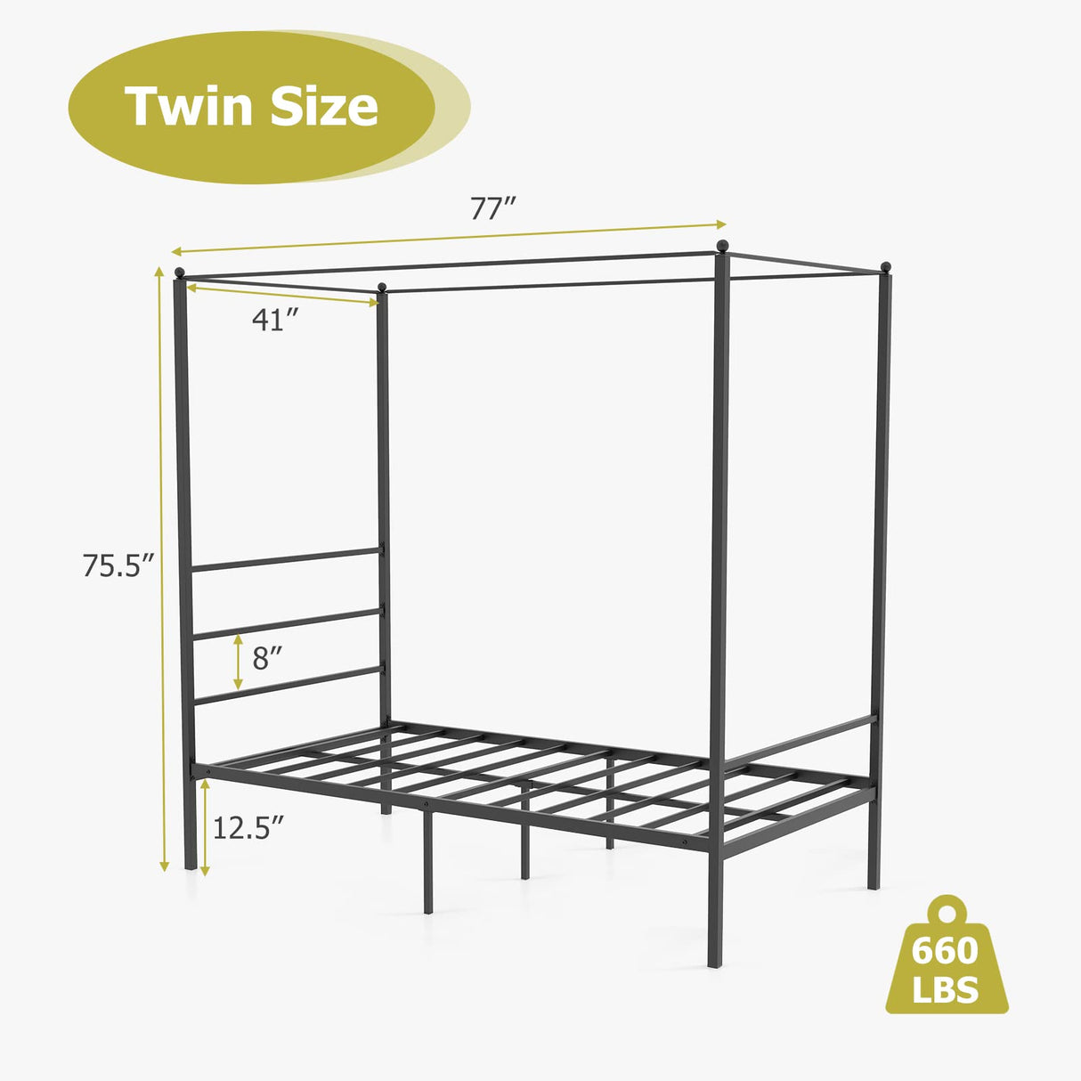 KOMFOTT Metal Canopy Bed Frame Twin Size, Modern 4 Poster Canopied Platform Bed Frame with Headboard, Heavy-Duty Metal Slat Support Mattress Foundation, No Box Spring Needed, Easy Assembly, Black KOMFOTT