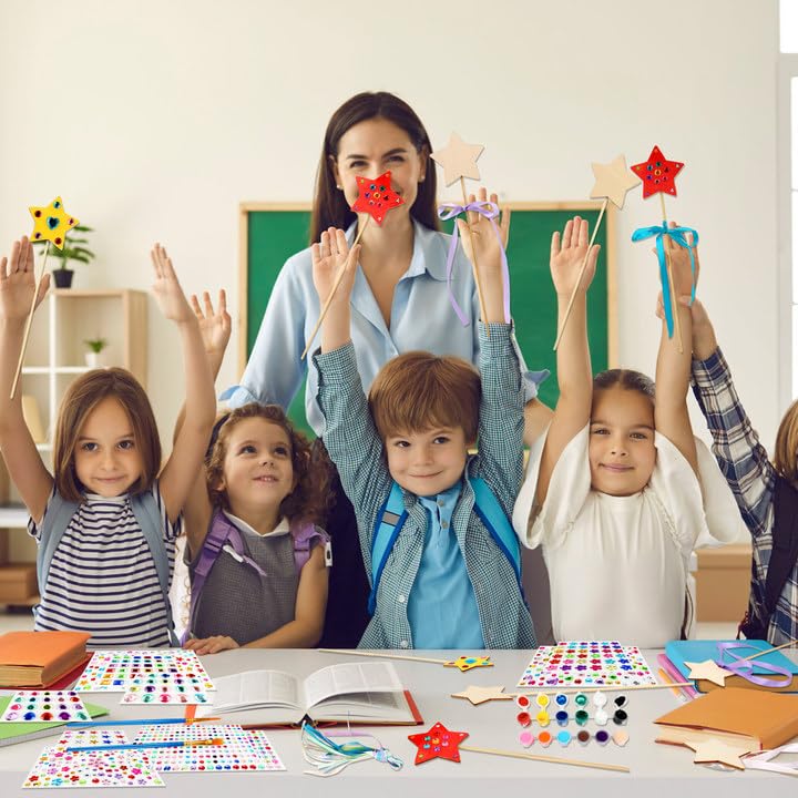 92 Pcs Unfinished Star Princess Fairy Wands Kit Make Your Own Princess Wand DIY Art Craft Magical Wand Include 36 Star Wooden Fairy Wands 18 Gem Stickers 36 Ribbons 2 Markers for Kids Party Supplies Feradny