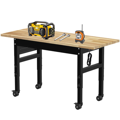 60" Adjustable Workbench,Multifunctional Rolling Heavy Duty Workbench with Wheels,Suitable for Large Capacity Rubberwood Countertop Workbench for Garage, Office, Workshop