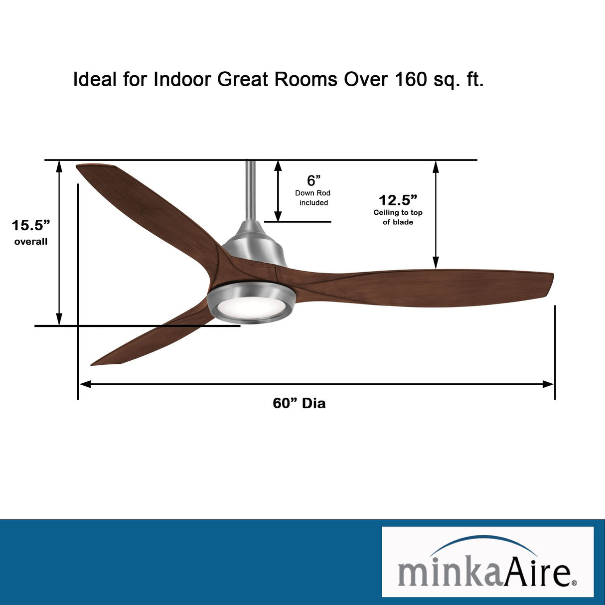 MINKA-AIRE F749L-BN Skyhawk 60 Inch LED Ceiling Fan with Carved Wood Blades, Integrated LED Light and DC Motor in Brushed Nickel Finish MINKA-AIRE