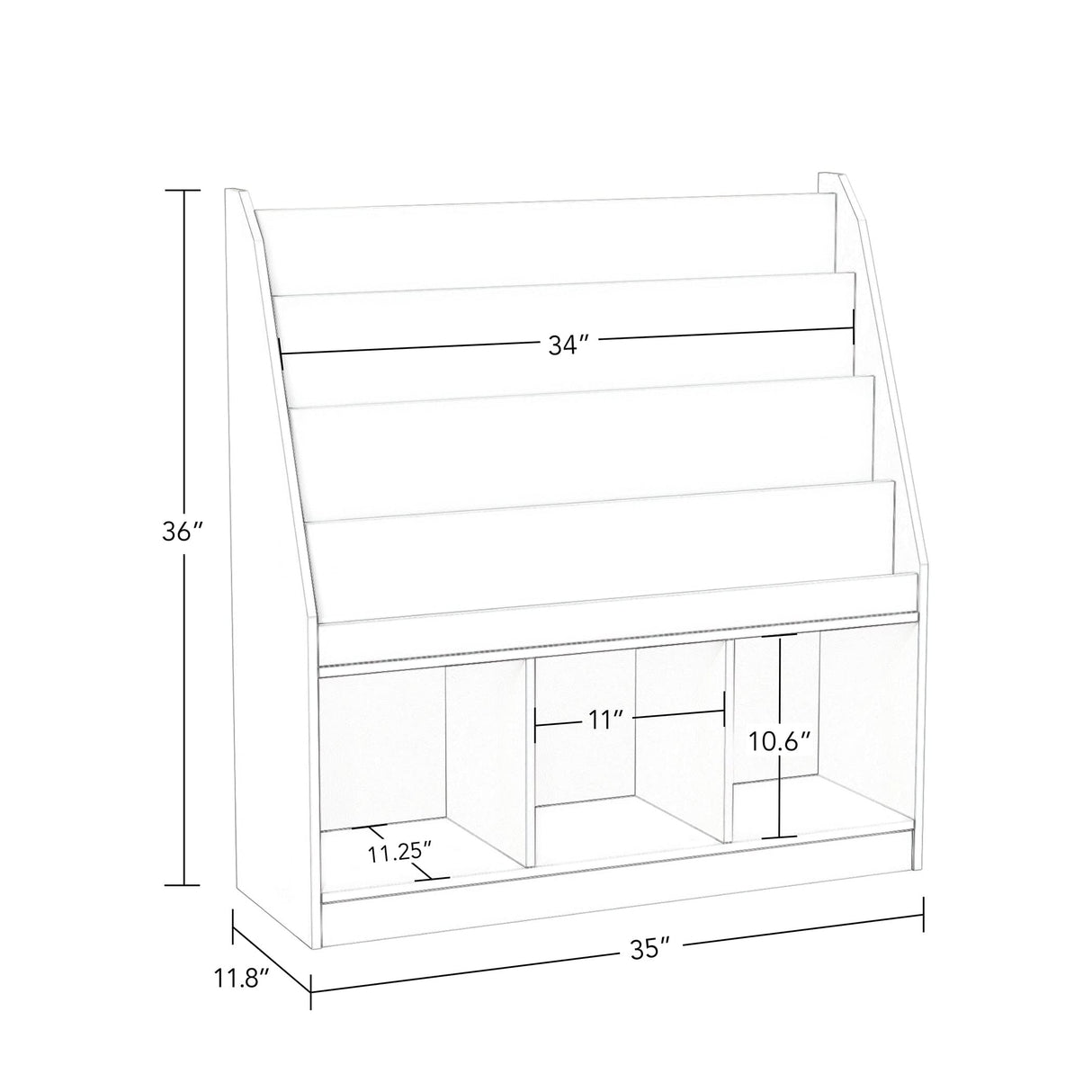 RiverRidge Kids 4 shelves Three Cubbies Bookrack, White (02-251), 11.81"D x 35"W x 36"H RiverRidge