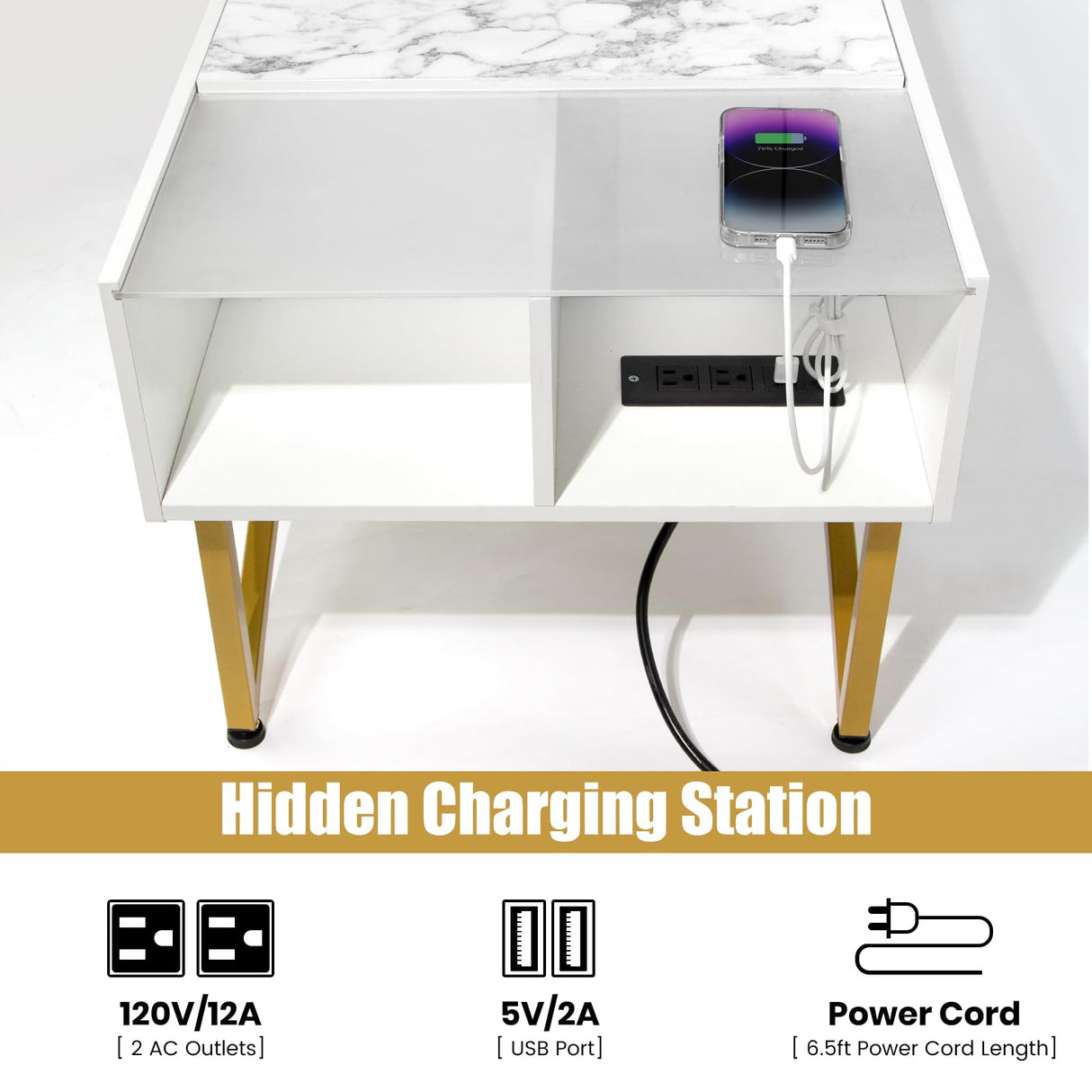 White and Gold Lift Top Coffee Table with Charging Station and LED Lights - 40" Lร20" Wร17" H Large Rectangle Marble Coffee Table Lift Top for Living Room, Glass & Marble-Pattern Tabletop, Metal Leg Caredear