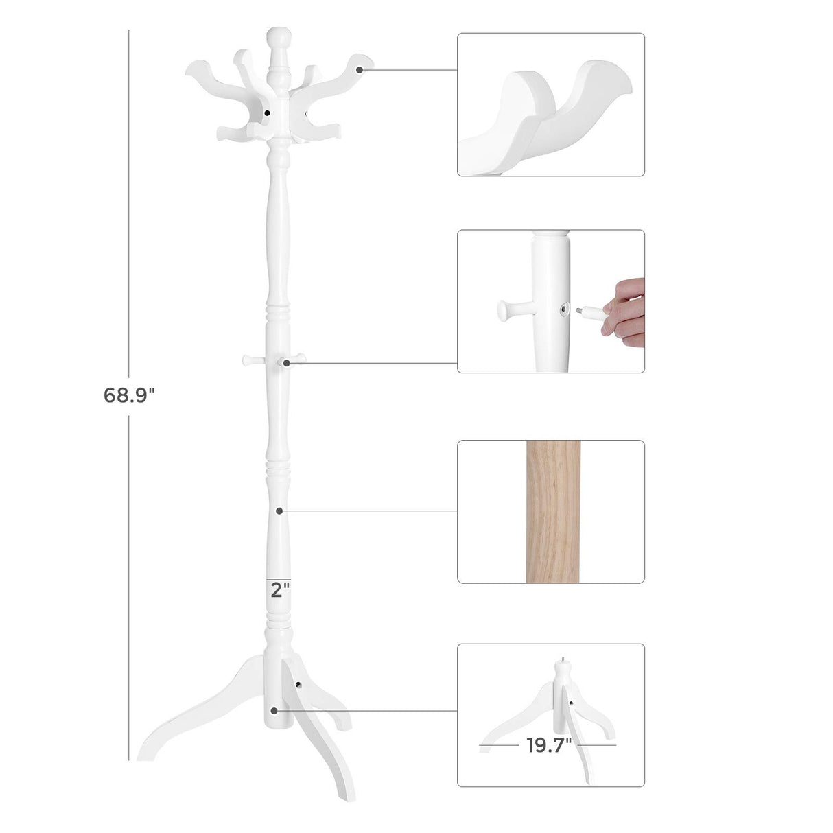 VASAGLE Coat Rack Free Standing with 11 Hooks, Wooden Hall Tree Coat Hat Tree Coat Holder with Solid Rubberwood Base for Coat, Hat, Clothes, Scarves, Handbags, Umbrella, White URCR005W02 VASAGLE