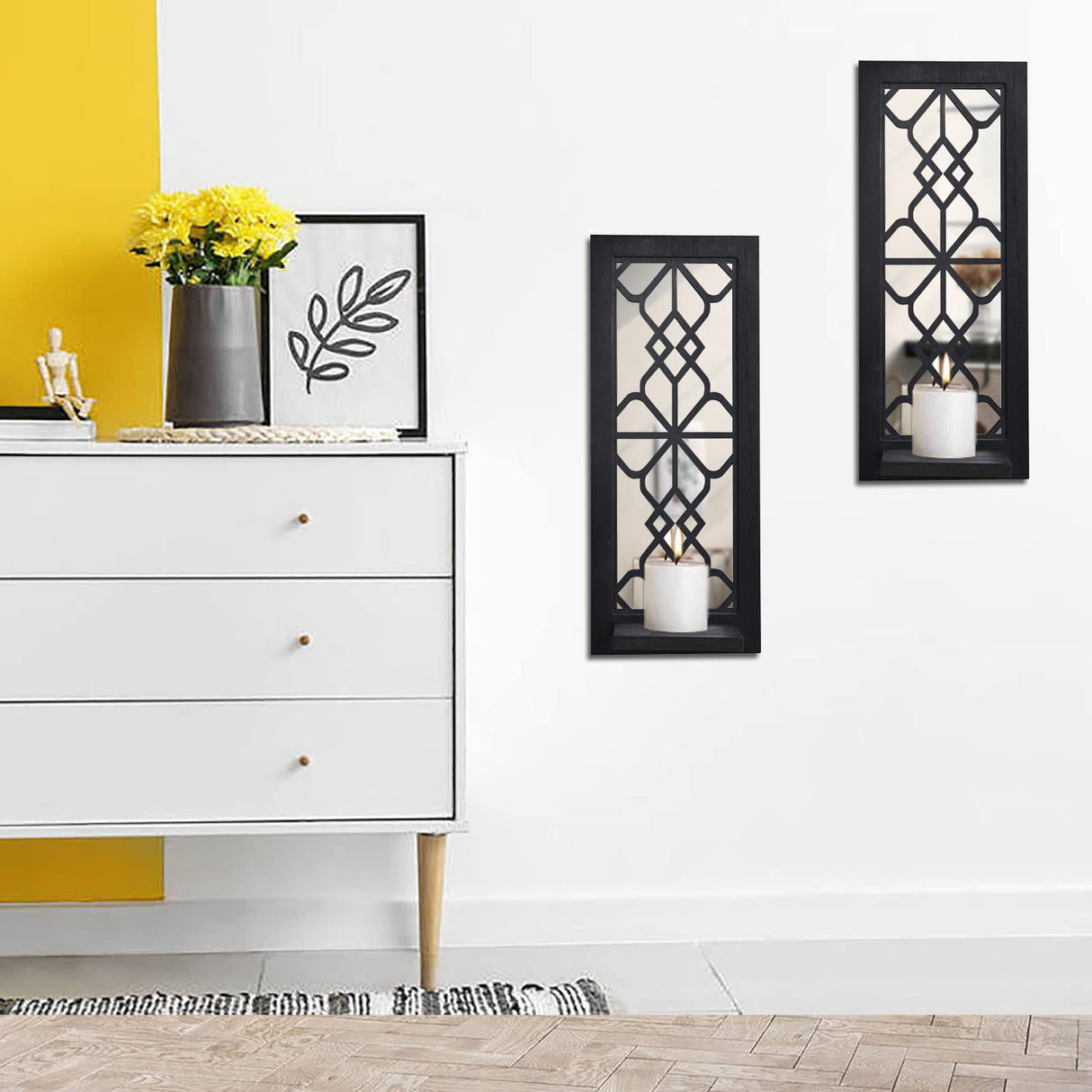 Wood Wall Sconce Candle Holder Set 2, Rustic, Wall-Mount, Farmhouse Hanging Wall Décor, Carved Wood Frame, Mirrored Candle Holder (Black) ZEXUIRU