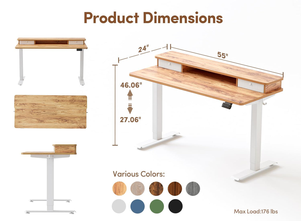 BANTI 55x24 Inch Electric Standing Desk with Double Drawers, Adjustable Height Stand Up Desk, Sit Stand Home Office Desk with Storage Shelf, Light Rustic Brown Top BANTI