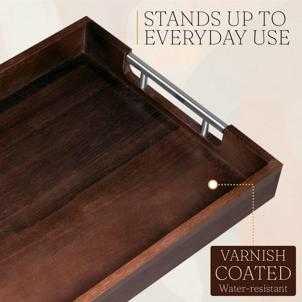 Swyftee Serving Tray with Handles – 17 x 12 x 2 Inch Dark Brown Acacia Wood Ottoman Tray Table Trays Decorative – Coffee Tray Wood Decor for Kitchen – Breakfast in Bed Tray with Silver Metal Handles Swyftee