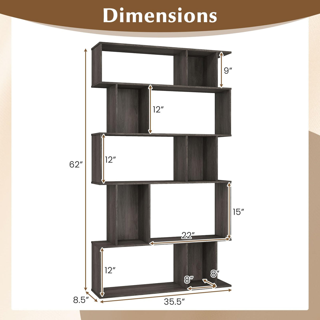 Giantex 5-Tier Bookshelf, 10-Cube Geometric Book Case with 5 Closed-Back Cubbies, Anti-toppling Kits, Open Display Storage Shelf for Living Room, Home Office, Bedroom, Gray Giantex
