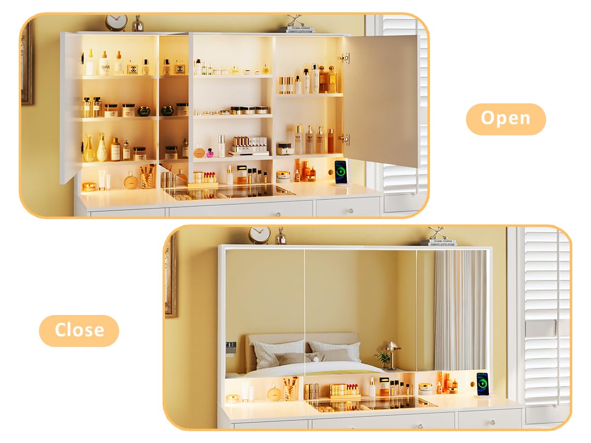 Vanity Desk with Mirror and Lights, 50" Makeup Vanity with Glass Top & Power Outlet, White Vanity with 11 Drawers & 8 Hidden Storage Shelves, 3 LED Lighting Modes Adjustable for Bedroom HUAHUU