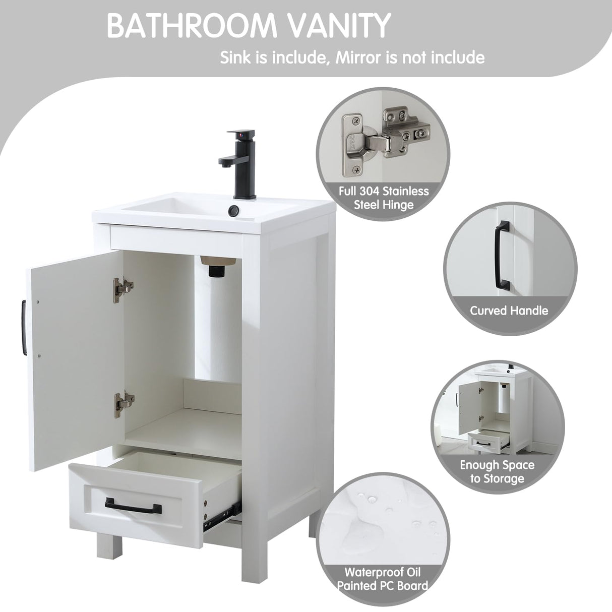 LUCKWIND 18" Bathroom Vanity with Sink Combo, Modern Bathroom Storage Painted Cabinet with Undercounter Ceramic Sink, Faucet and Drawers, White LUCKWIND