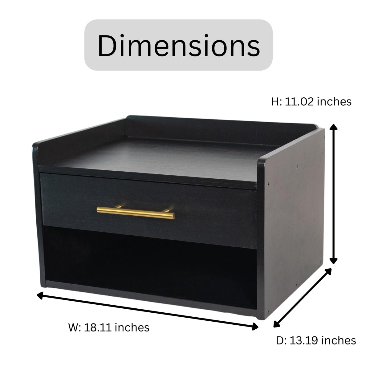 TSG Modern Floating Nightstand with Drawer, Black Wood Finish, Modern Night Stand with Gold Hardware, Enclosed Drawer and Open Shelf, Easy Assembly & Install, Strong Bamboo with Top Shelf Edge Guard TSG Modern
