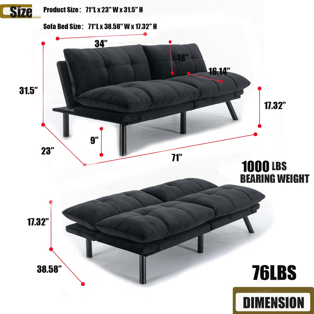 Modern Velvet Convertible Folding Futon Couch Sofa Bed Adjustable Pillow Top Arm Memory Foam Couch Double Loveseat Sofa for Compact Living Space,Dorm,Game Studio,Apartment,Bedroom (Black) Klwenas Maec