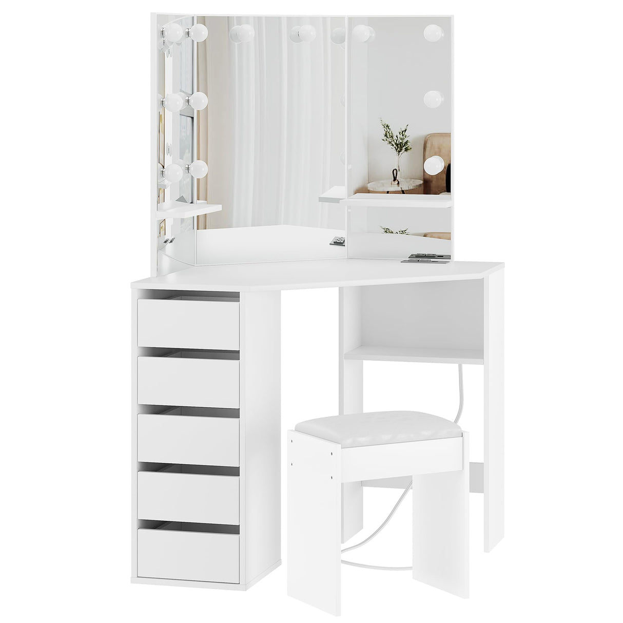 Wpond Corner Makeup Vanity Desk with Mirror and Lights - Adjustable LED Lighting, Spacious Storage, Built-in Charging, 5 Drawers, and Stool, White Wpond