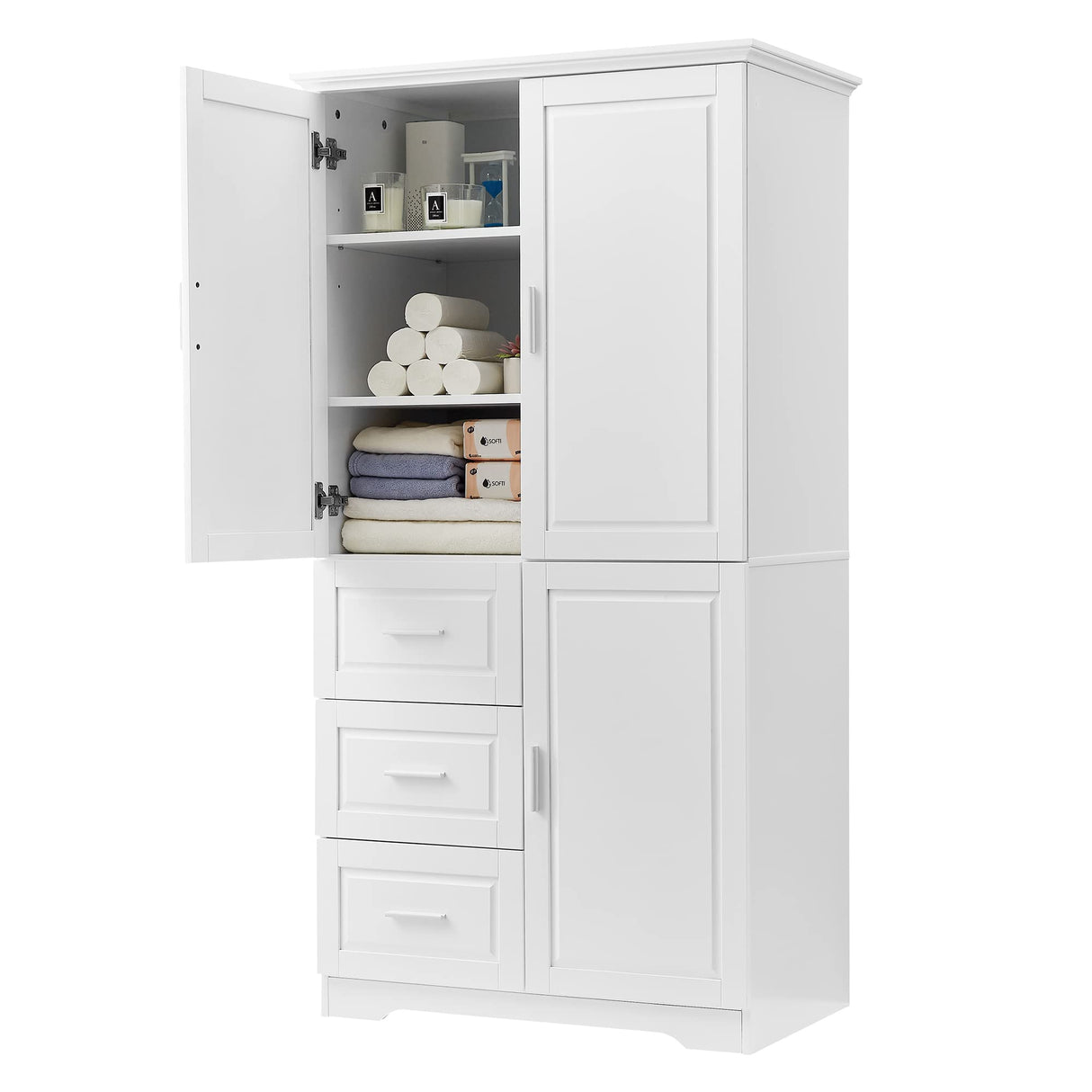 Merax Storage Cabinet with Three Drawers and Doors, Wide Pantry Cupboard for Kitchen, Living Room and Bathroom, Adjustable Shelf, White Merax