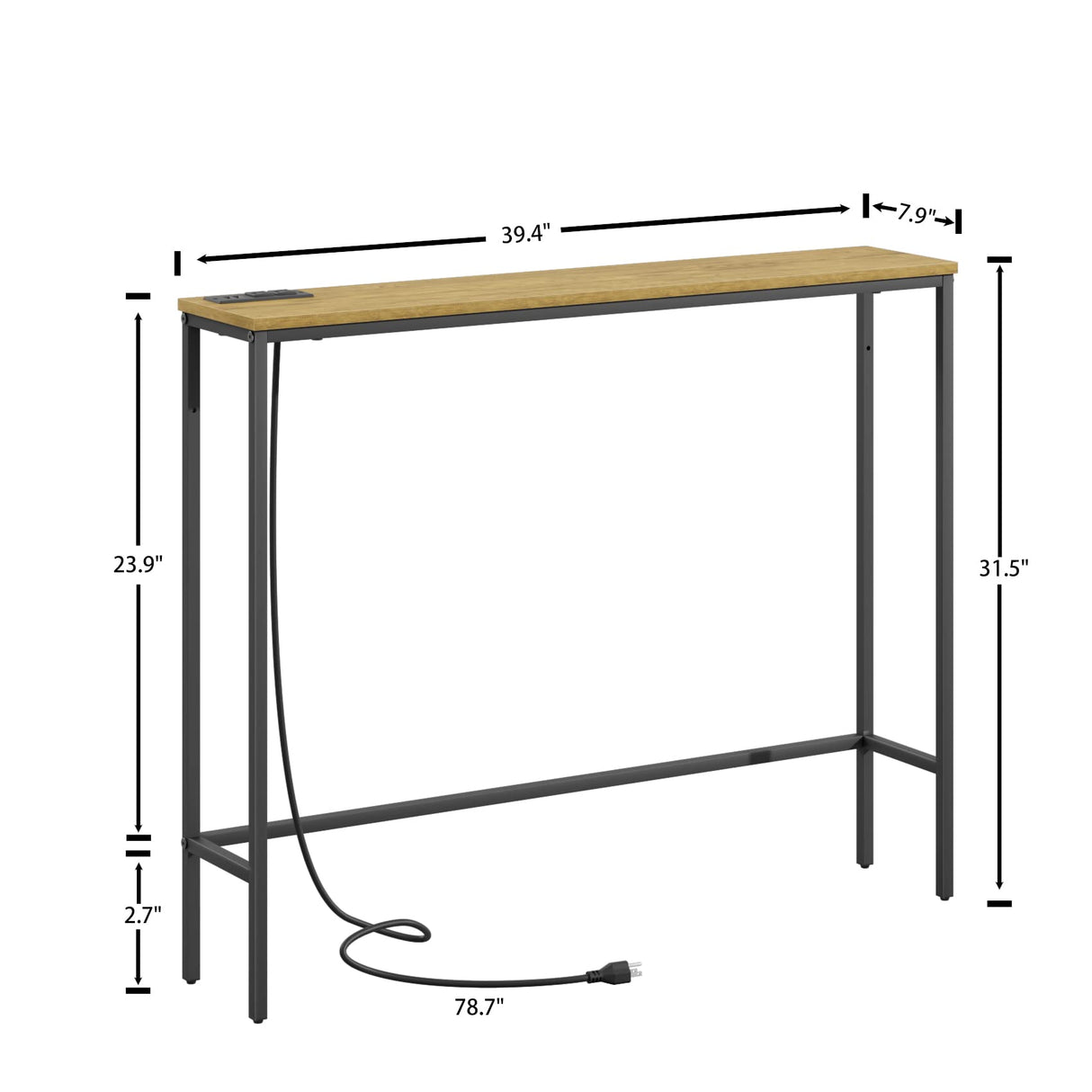 SONGXIN 39 Inch Console Table with Power Outlet,Modern Narrow Long Sofa Table Behind Couch,Skinny Entry Table with Black Metal Frame for Entryway,Living Room, Hallway,3D Oak SONGXIN