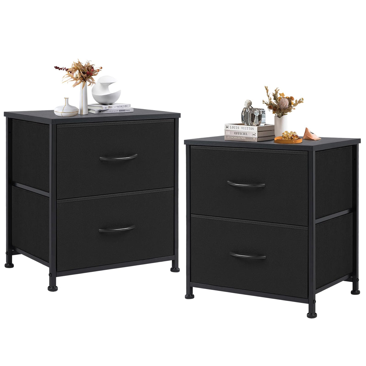 DUMOS Nightstand Set of 2, Small Dresser with 2 Fabric Drawers Side Bedroom End Table Kids Bedside Storage Furniture for 25 inch Tall Night Stand for Closet, Entryway, College Dorm, Black, M-2 Pack DUMOS