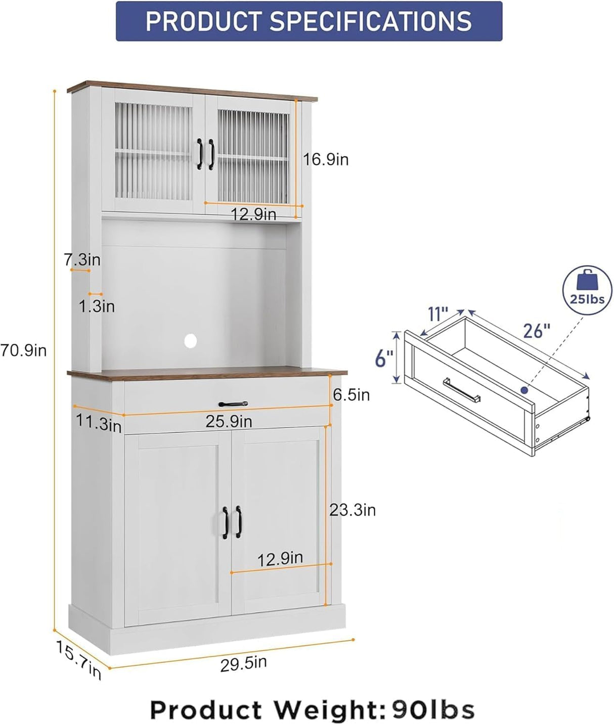 GarveeHome Kitchen Pantry Cabinet, 71" Tall Kitchen Hutch Storage Pantry with Microwave Stand, Freestanding Buffet with Shelves and Glass Doors for Home Dining Room, White GarveeHome