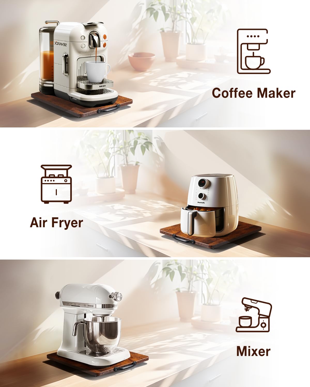 Evermagin Appliance Slider, Sliding Tray for Coffee Maker, Coffee Pot Slider Tray for Countertop, Kitchen Appliance Rolling Tray with Rubber Wheels (Rustic Brown, Medium - Long (9.5” X 13”)) Evermagin