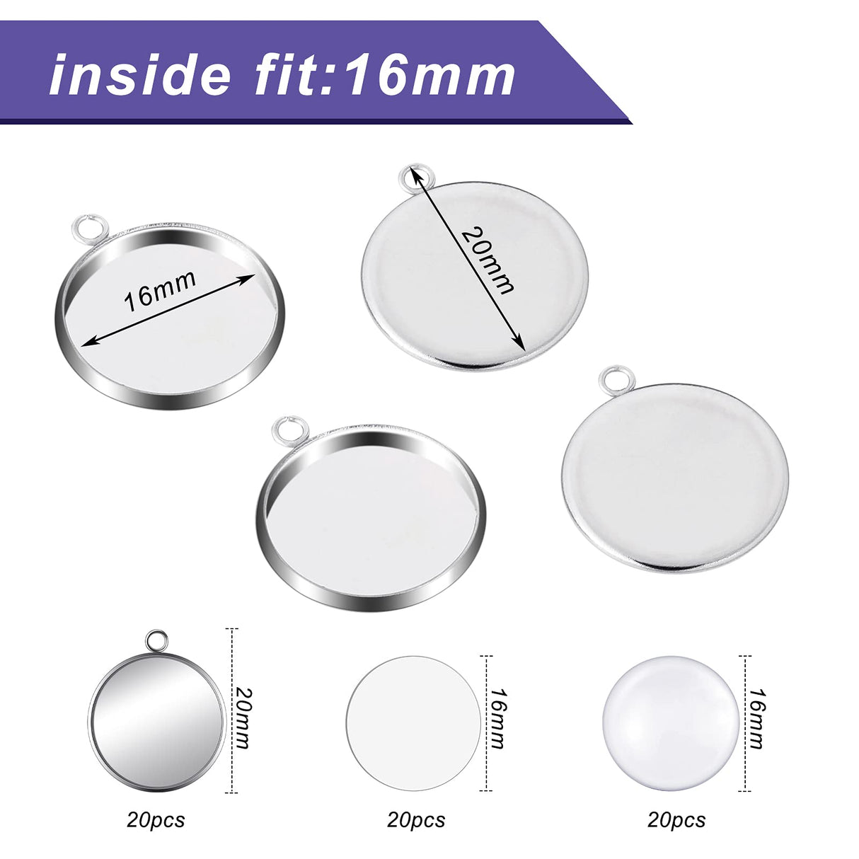 60 Sublimation Pendant Tray for Jewelry Making Include 20 Round Blank Pendant Base 20 Flatback Clear Glass Dome 20 Aluminum Sheet Sublimation Blanks Jewelry for DIY (16 mm) Hicarer