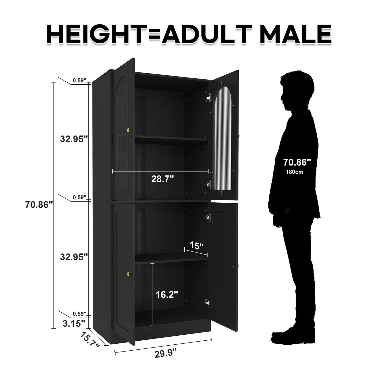 BOMETAO 71" Tall Kitchen Pantry Cabinet, Kitchen Storage Cabinet with Glass Doors and Adjustable Shelves, Wood Food Pantry Cabinet, Freestanding Cupboard for Kitchen, Dining Room, Black BOMETAO