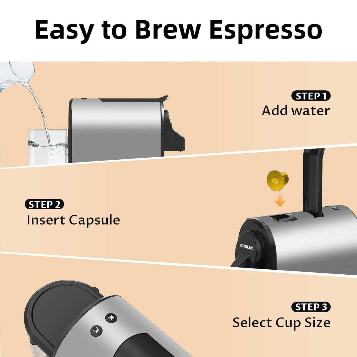 CHULUX Bafè-Pro Espresso Machine, Mini Espresso Machine for Nespresso Original Capsules, Single Serve Coffee Machine for Home Espresso & Lungo Maker, Italian ODE 20 Bar Pump, Metallic Gray CHULUX