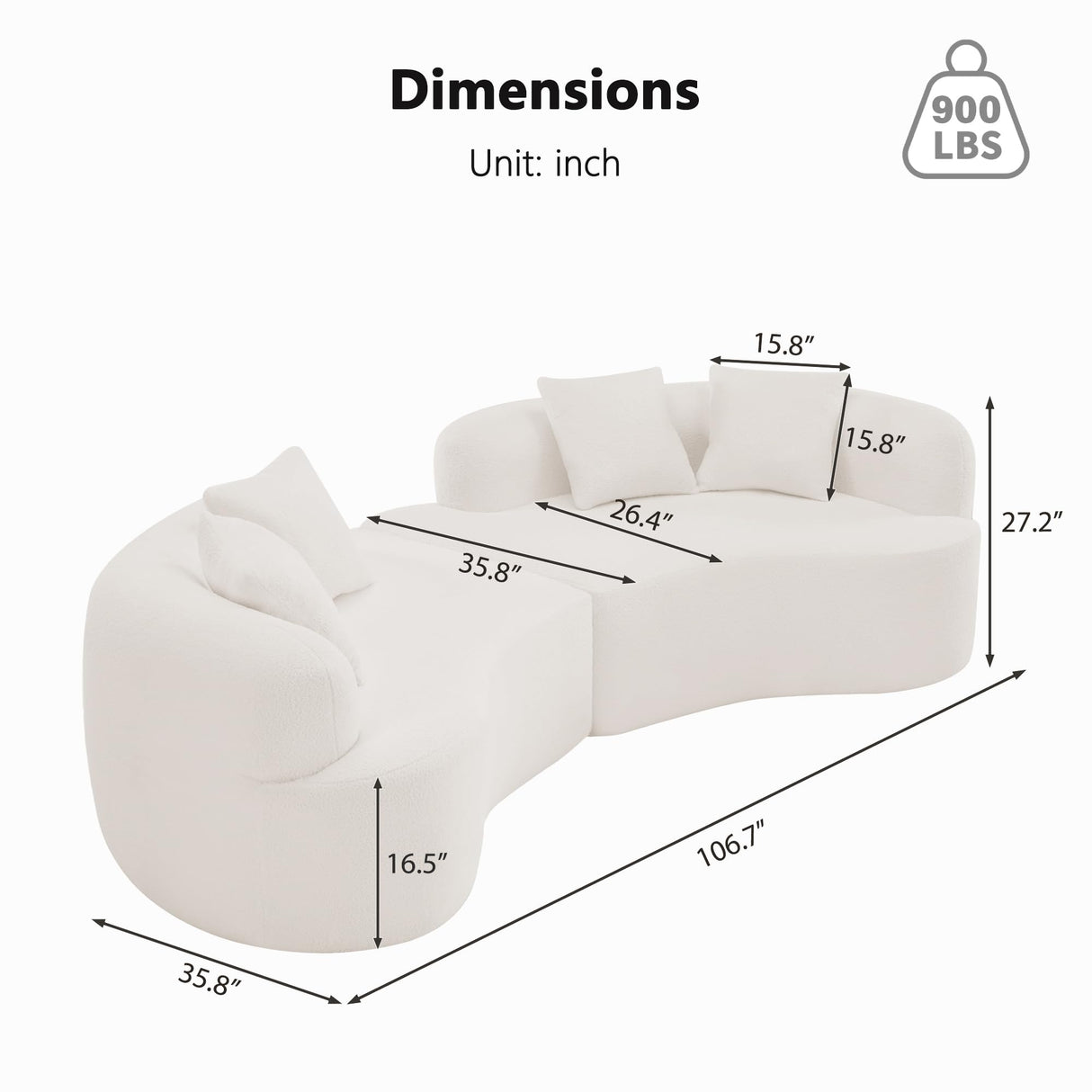 Olodumare 106.7" Modern Curved Oversized Sectional Sofa, Minimalist Modular Cloud Couch with 4 Throw Pillows, Luxury 4-Seater Extra Deep & Wide Seat Sofa in Soft Teddy Fabric, Cream White Olodumare