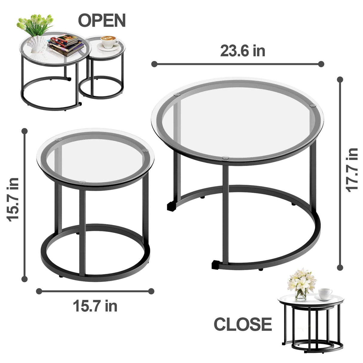 aboxoo Black Nesting Coffee Glass Table Set of 2, Metal Freme Side End Tables for Living Room Bedroom for Apartment Small Place Modern Industrial Simple, 23.6D x 23.6W x 17.7H in aboxoo