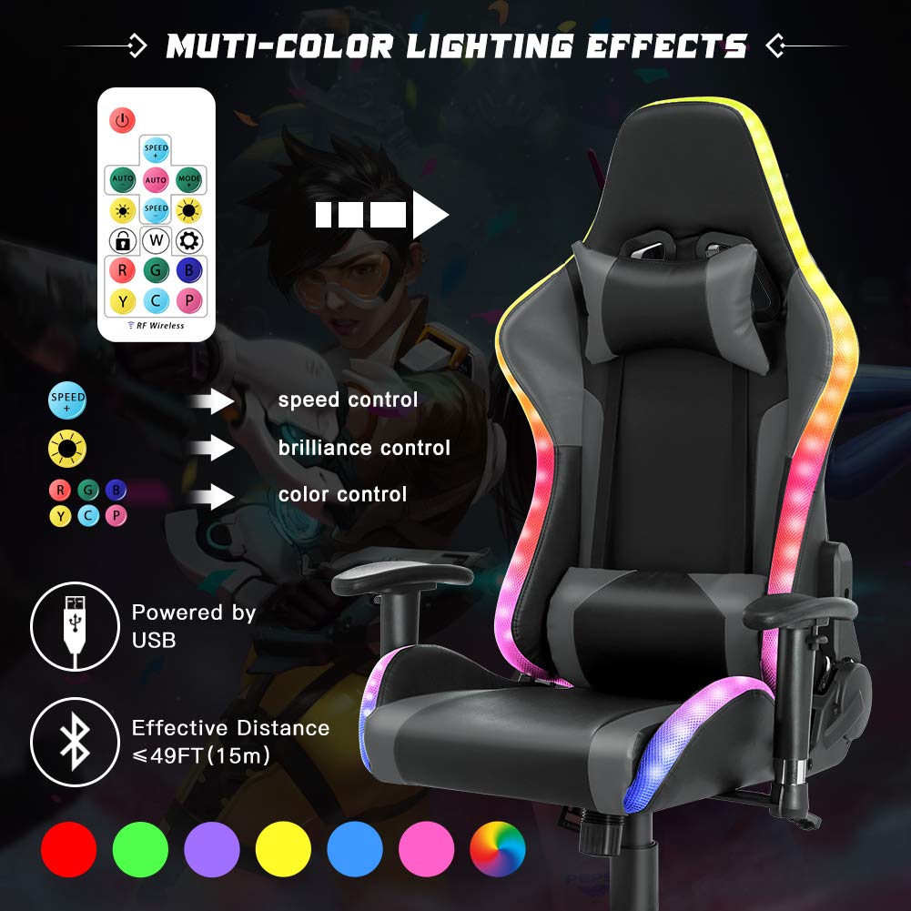 Gaming Chair with Bluetooth Speakers RGB LED Lights, Music Video Game Chair, Ergonomic PU Leather Comfortable Computer Chair, Adjustable Reclining Racing Office Swivel Chair for Adult Teens (Gray) YOUTHUP