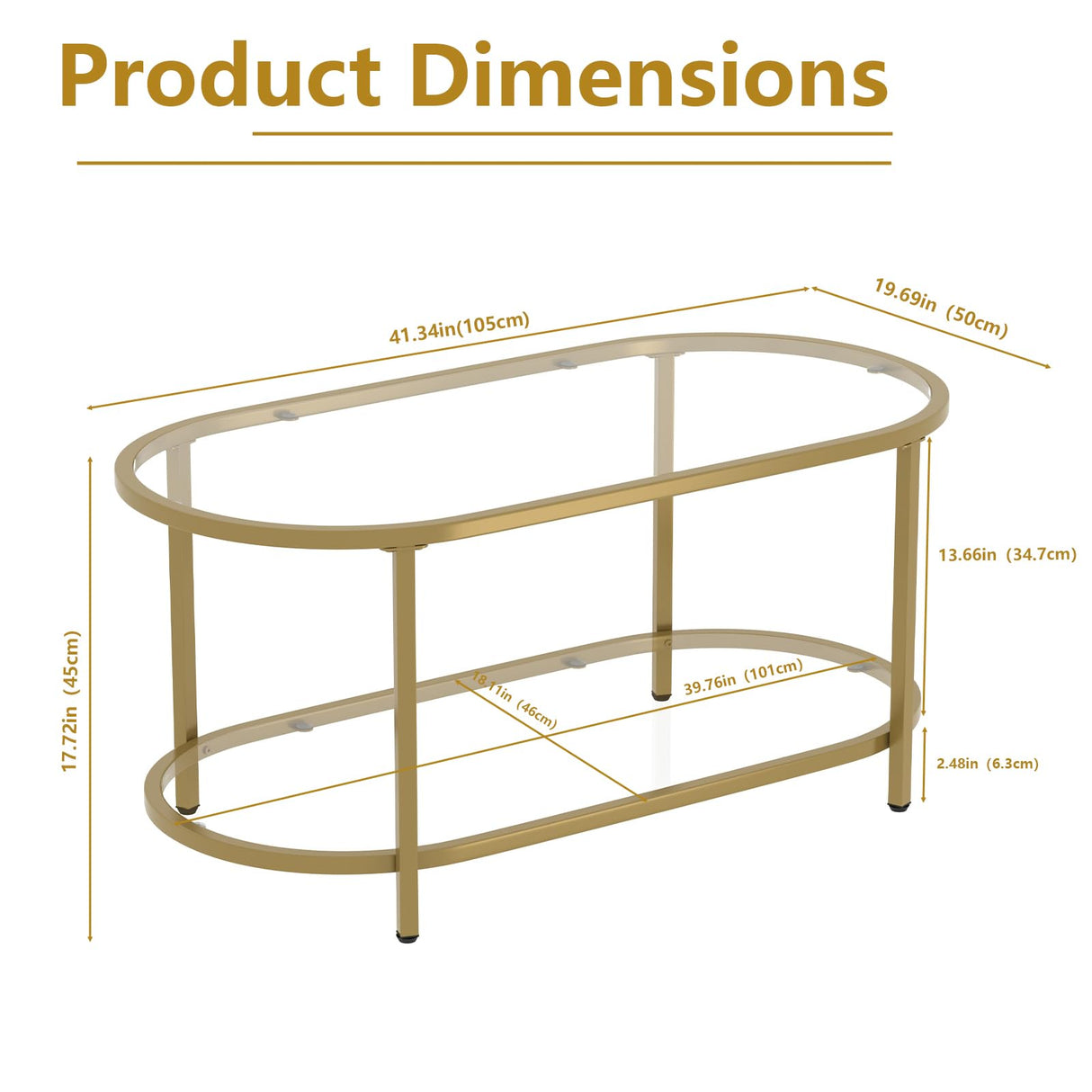 Wolawu Coffee Table Gold Oval Glass Table for Living Room,2 Tiers Oval Center Table with Sturdy Metal Frame, Modern Tempered Glass Tables for Bedroom Living Room Home Office Wolawu