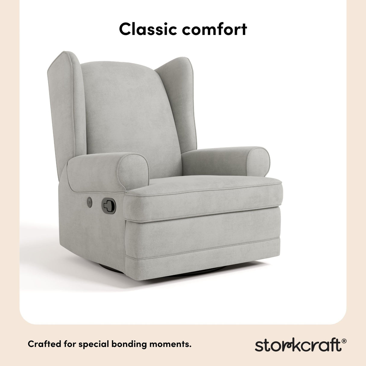 Storkcraft Serenity Upholstered Swivel Glider with USB Charging Port (Steel) – Fully Upholstered Wingback Nursery Glider Recliner with Manual Recline Function, 2 USB Charging Ports, 360 Swivel Base Storkcraft