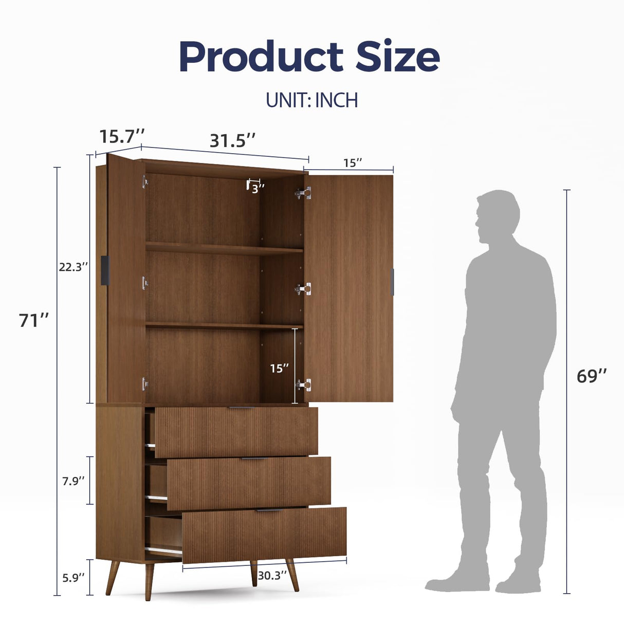 FONTOI Storage Cabinet, Kitchen Pantry Storage Cabinet with 3 Drawers 2 Doors, Wood Cupboard with Adjustable Shelves & Fluted Panel Design, Tall Home Storage for Living Room, Kitchen, Walnut FONTOI