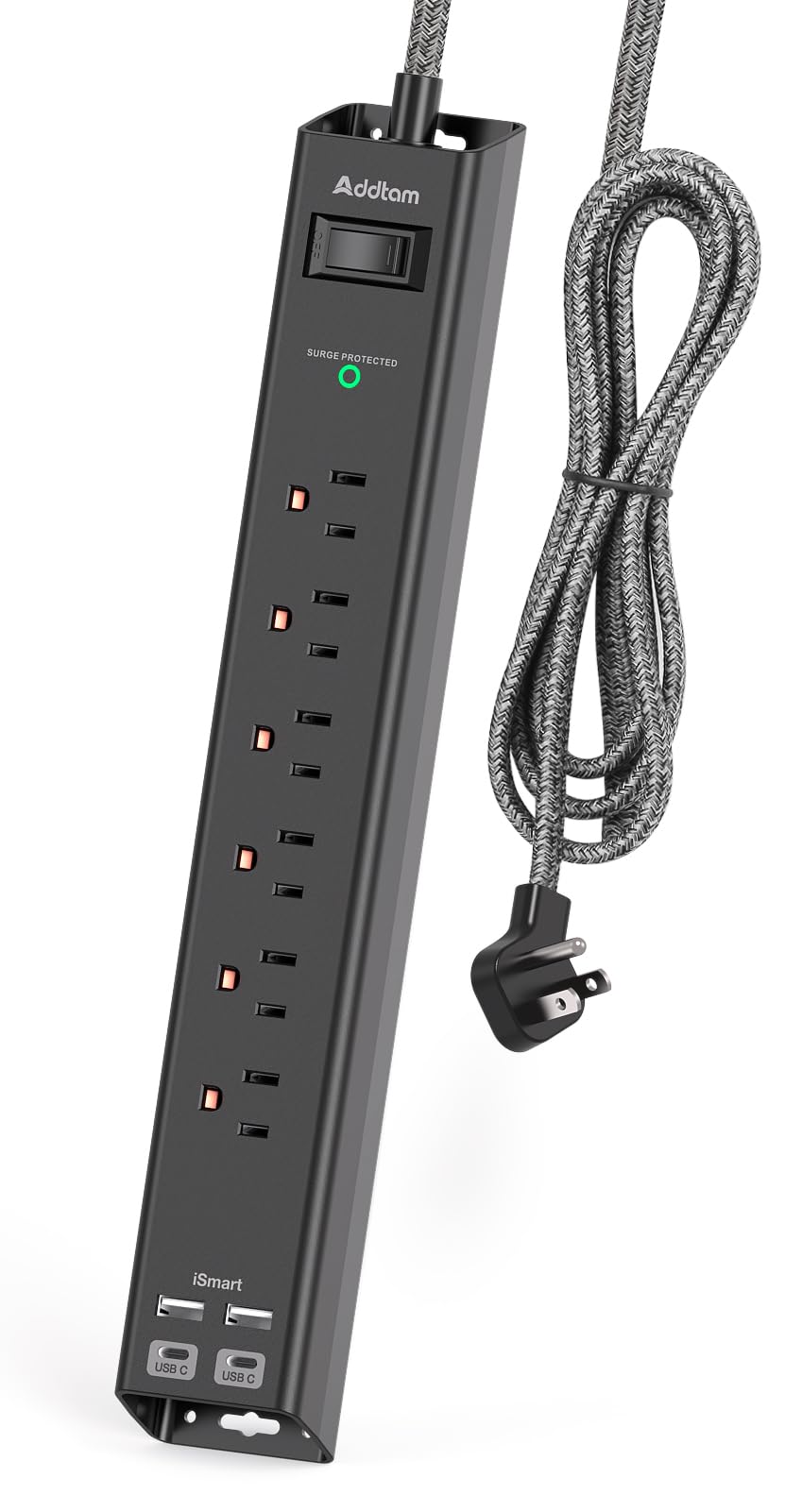 Surge Protector Power Strip - Extension Cord with 6 AC Outlets 4 USB (2 USB-C Ports), Flat Plug with Overload Surge Protection, Wall Mount, 5ft, Outlet Extender for Home Office Dorm Room Essentials Addtam